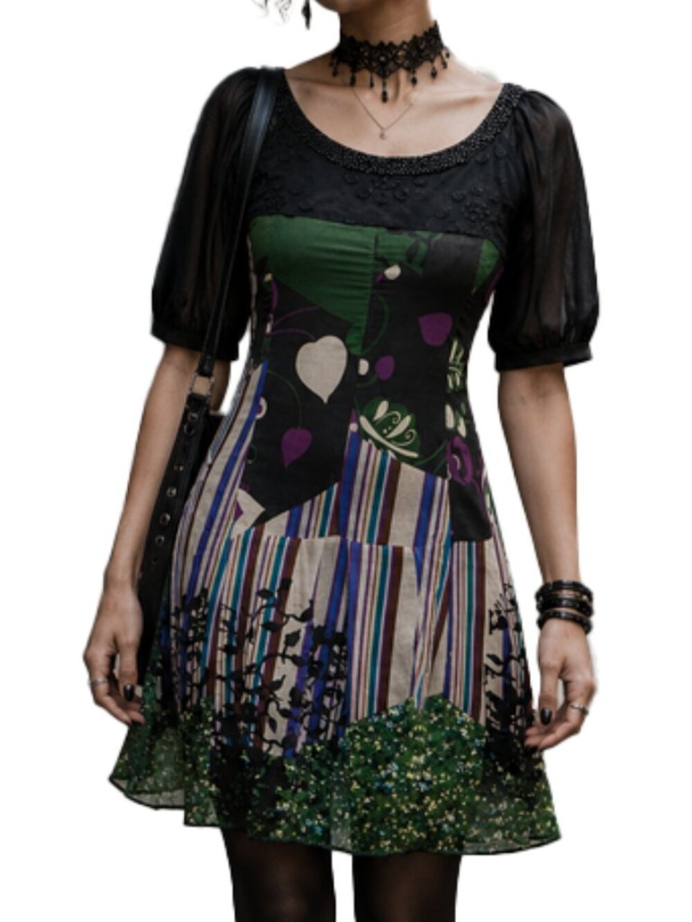 KENZO Whimsigoth Dress Silk Black Green Witchy Fit And Flare Mixed pattern